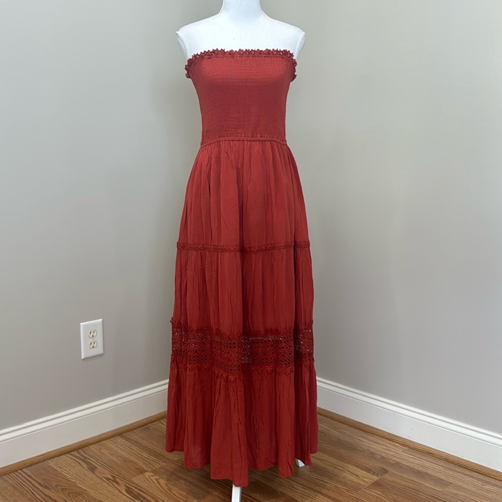 Sienna Orange Strapless Maxi Dress with Smocked Bodice and Full Skirt